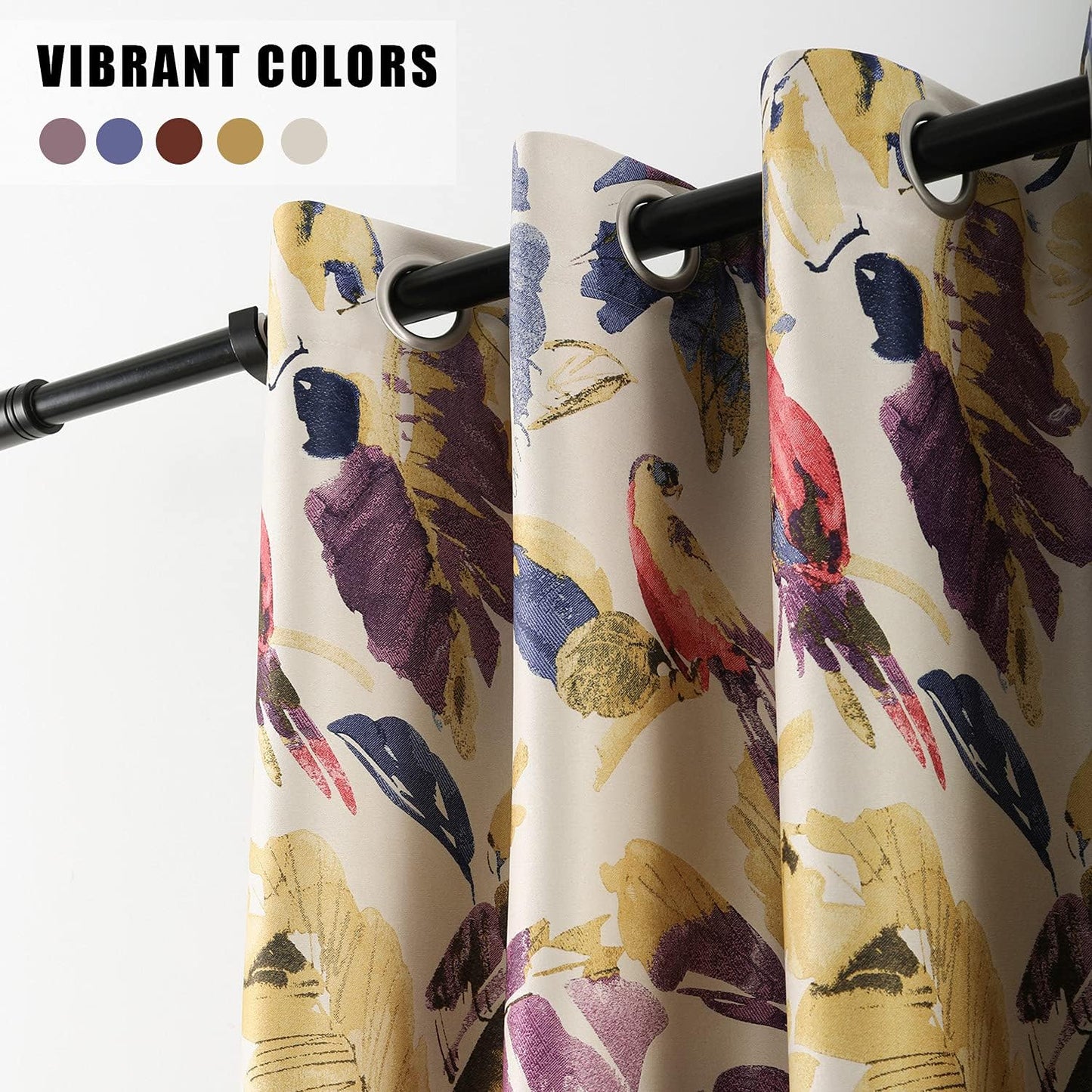 Leeva Window Blackout Curtains and Drapes for Bedroom, Purple and Yellow Leave Macow Print Pattern Heavy Curtain Panels with Grommet Top for Patio Sliding Door, Set of 2, 52x63