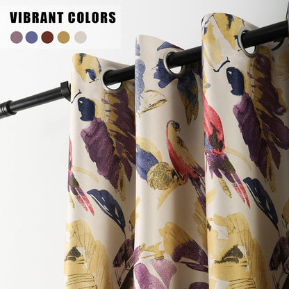 Leeva Window Blackout Curtains and Drapes for Bedroom, Purple and Yellow Leave Macow Print Pattern Heavy Curtain Panels with Grommet Top for Patio Sliding Door, Set of 2, 52x63