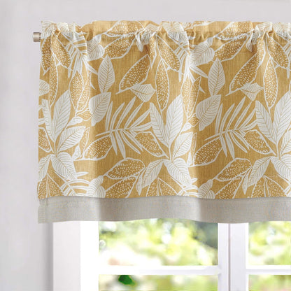 Vangao Floral Kitchen Valance for Windows Farmhouse Linen Valance for Living Room Leaf Print Double Layer Blackout Rod Pocket 16 Inch 1 Panel Mustard on White