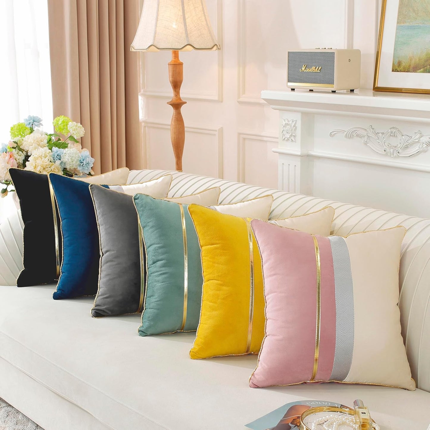 TAOSON Pack of 2, Yellow Beige Patchwork Velvet Throw Pillow Cover with Gold Striped Leather Cushion Case Modern Luxury Square Pillowcase for Sofa Couch Bedroom Living Room Home,12 X 20 inch