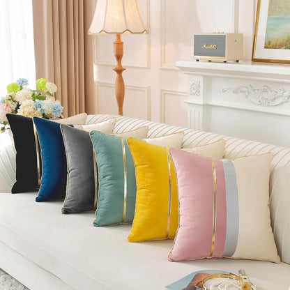 TAOSON Pack of 2, Yellow Beige Patchwork Velvet Throw Pillow Cover with Gold Striped Leather Cushion Case Modern Luxury Square Pillowcase for Sofa Couch Bedroom Living Room Home,12 X 20 inch