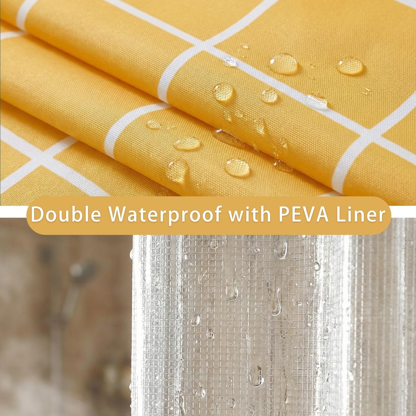 3 in 1 Shower Curtain Set, Checkered Minimalist Shower Curtain and PEVA Liner Sets swith 12 Metal Double Sided Shower Curtain Hooks, White Line Simple Modern Shower Curtain for Bathroom, 72x72, Yellow