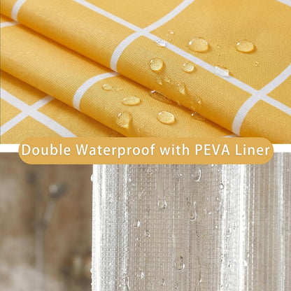 3 in 1 Shower Curtain Set, Checkered Minimalist Shower Curtain and PEVA Liner Sets swith 12 Metal Double Sided Shower Curtain Hooks, White Line Simple Modern Shower Curtain for Bathroom, 72x72, Yellow