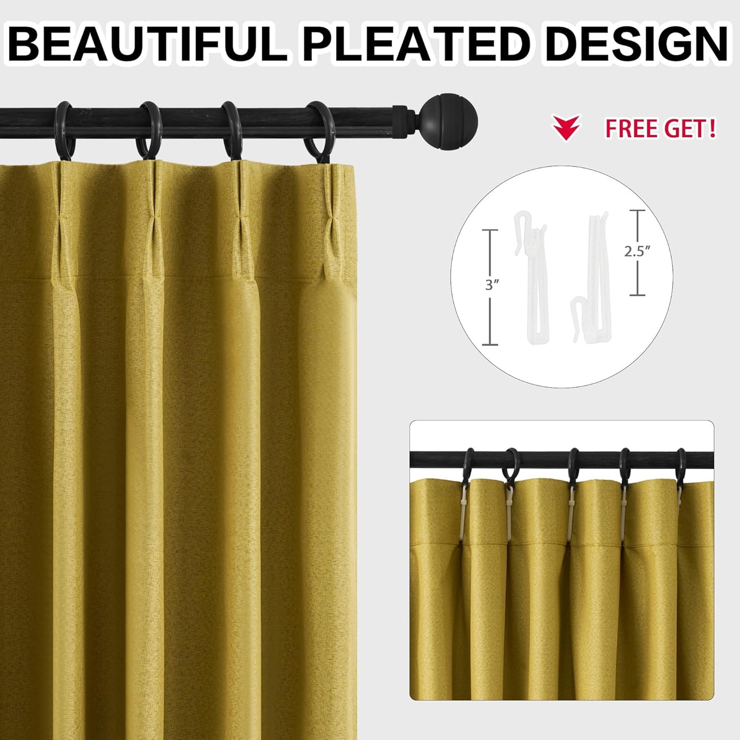 Gold Yellow Pinch Pleated Curtains 84 Inch Length Full Blackout Linen Blend Window Curtains for Living Room Bedroom Thermal Insulated Room Darkening Drapes 1 Panel 60"x84"