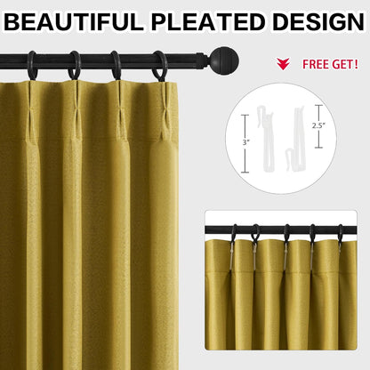 Gold Yellow Pinch Pleated Curtains 84 Inch Length Full Blackout Linen Blend Window Curtains for Living Room Bedroom Thermal Insulated Room Darkening Drapes 1 Panel 60"x84"