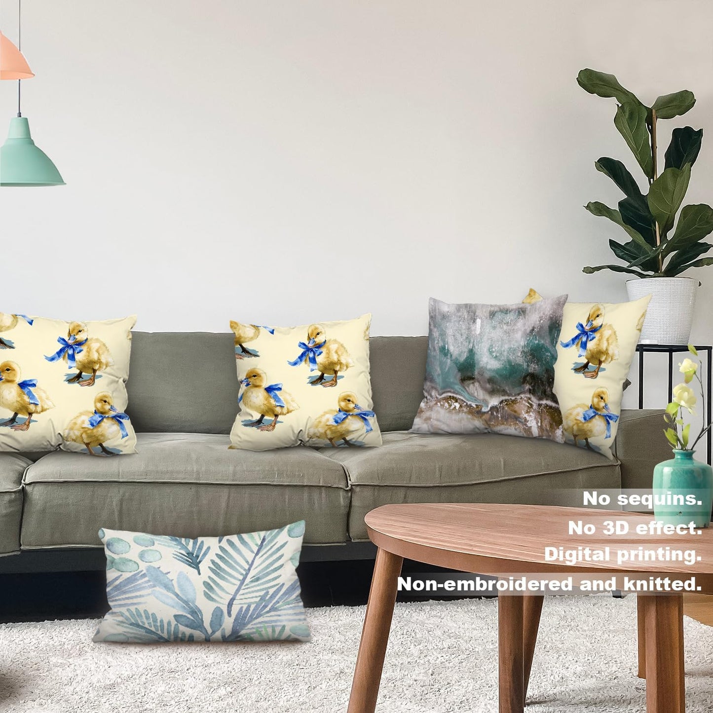 Batmerry Ducklings Blue Ribbon Yellow Throw Pillow Covers, Cute with Bows Decorative Pillow Covers Digital Printing Blended for Couch Sofa Bed Invisible Zipper 20X20 in(Set of 2)