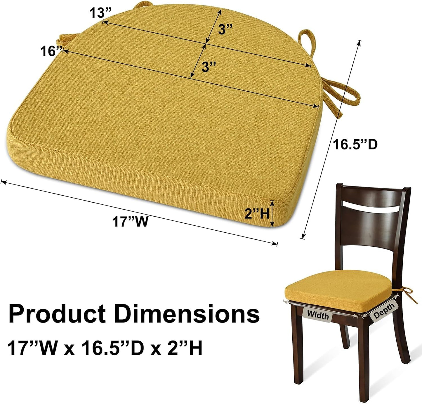 Shinnwa Kitchen Chair Cushions Set of 4, Non-Slip Dining Chair Cushions with Ties and Machine Washable Cover, 4 Pack, 17 x 16.5 x 2in, Yellow