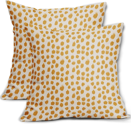 Mustard Yellow Cream Pillow Covers 18x18 Set of 2 Boho Design Polka Dot Throw Pillows Modern Brush Strokes Print Decorative Outdoor Pillowcase Square Cushion Cover Linen Pillow Case for Sofa Couch Bed