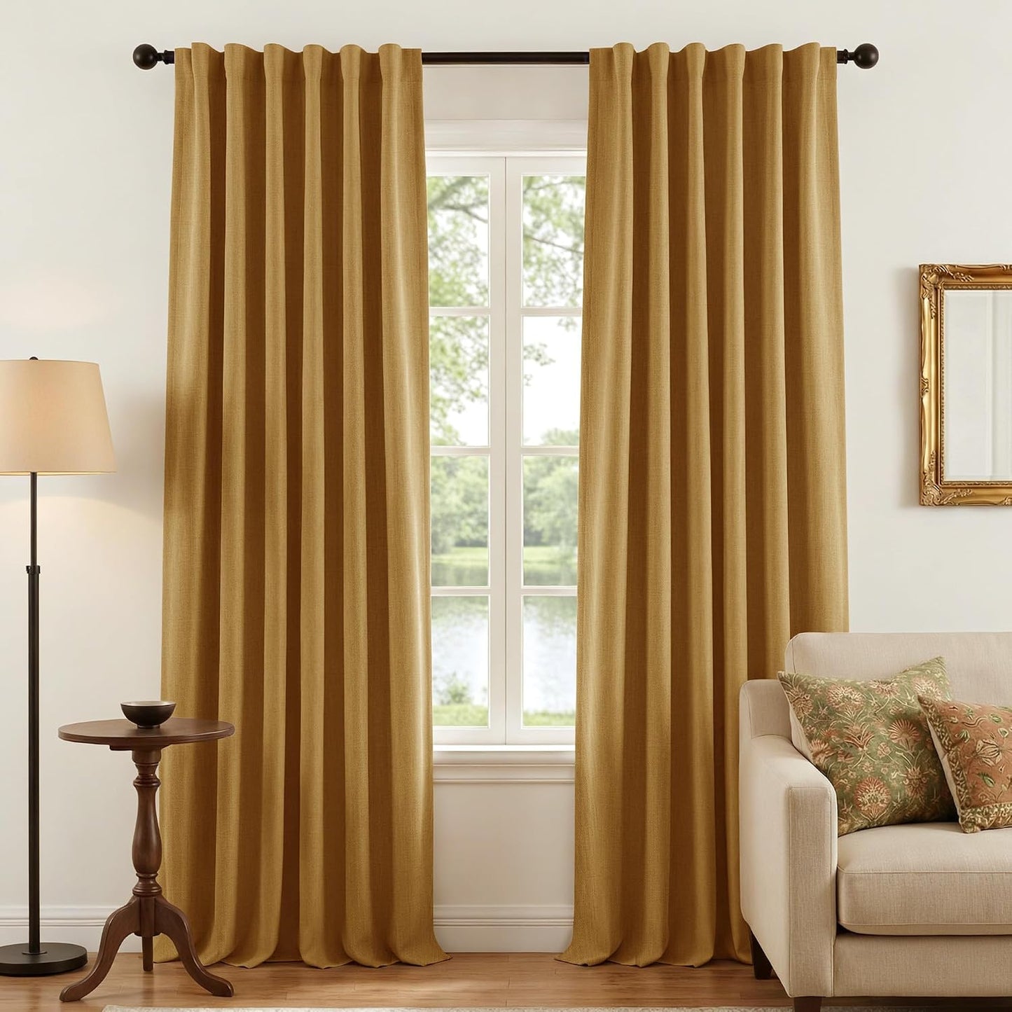 NICETOWN Scratch-Proof 100% Blackout Mustard Yellow Curtains, High-Density Linen Blend Window Treatments Rod Pocket & Back Tab Thermal Drapes for Living Room, W52 x L84, 2 Panels