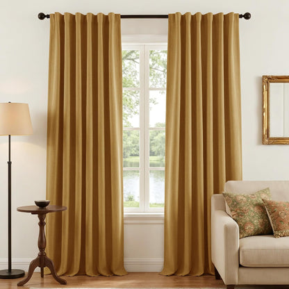 NICETOWN Scratch-Proof 100% Blackout Mustard Yellow Curtains, High-Density Linen Blend Window Treatments Rod Pocket & Back Tab Thermal Drapes for Living Room, W52 x L84, 2 Panels