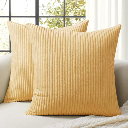 Softalker Decorative Throw Pillow Covers 18x18, Set of 2 Soft Corduroy Striped Boho Solid Pillow Cover, Modern Farmhouse Home Decor House Warming Gifts for Couch Sofa Bed Living Room, Light Yellow