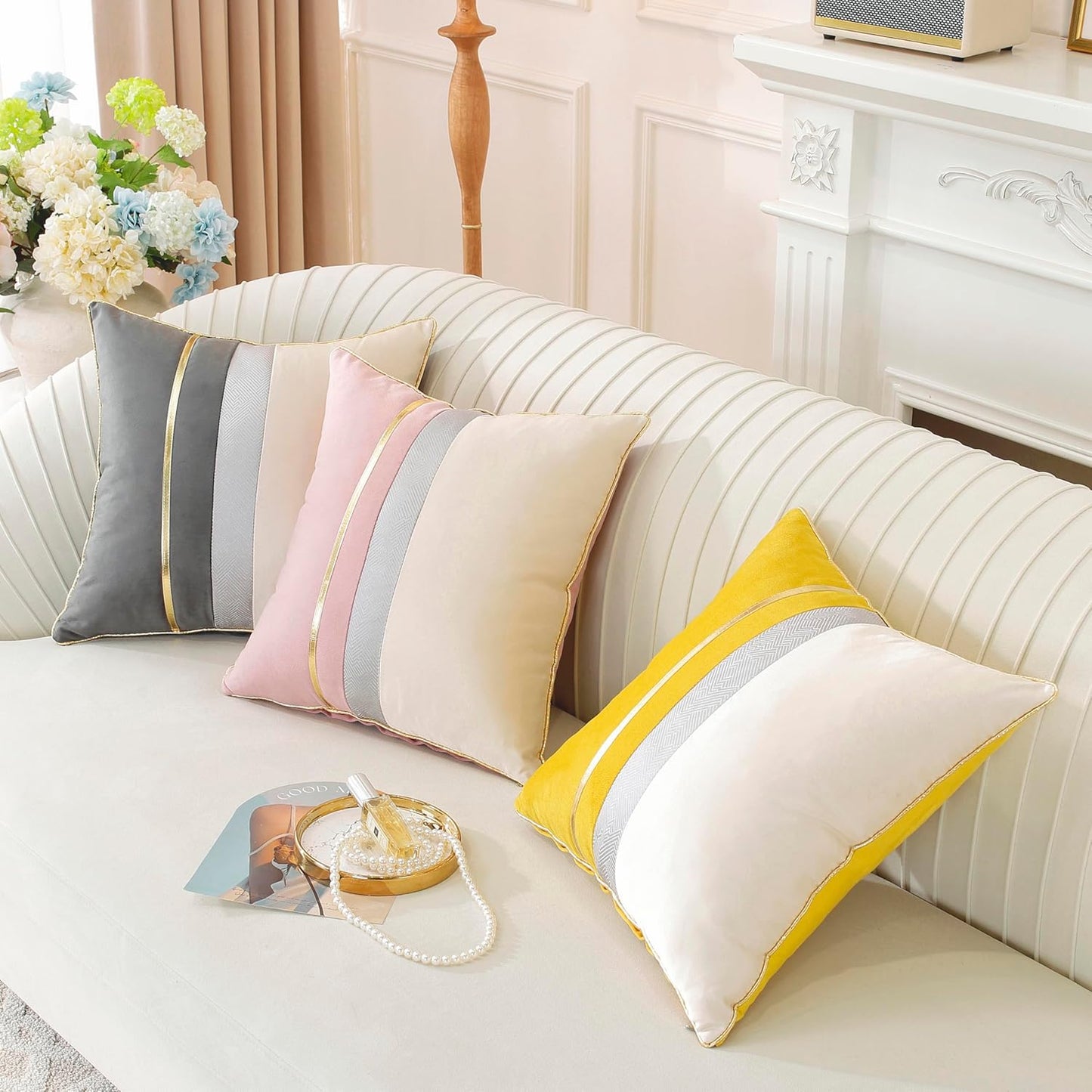 TAOSON Pack of 2, Yellow Beige Patchwork Velvet Throw Pillow Cover with Gold Striped Leather Cushion Case Modern Luxury Square Pillowcase for Sofa Couch Bedroom Living Room Home,12 X 20 inch