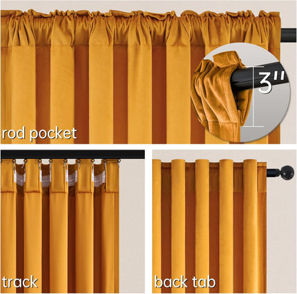 Mustard Yellow Velvet Curtains 84 Inches Long for Living Room Modern Elegant Soft Velvet Rod Pocket Drapes With Hooks for Dining Room Bedroom Room Darkening Privacy Window Treatments 2 Panels Set
