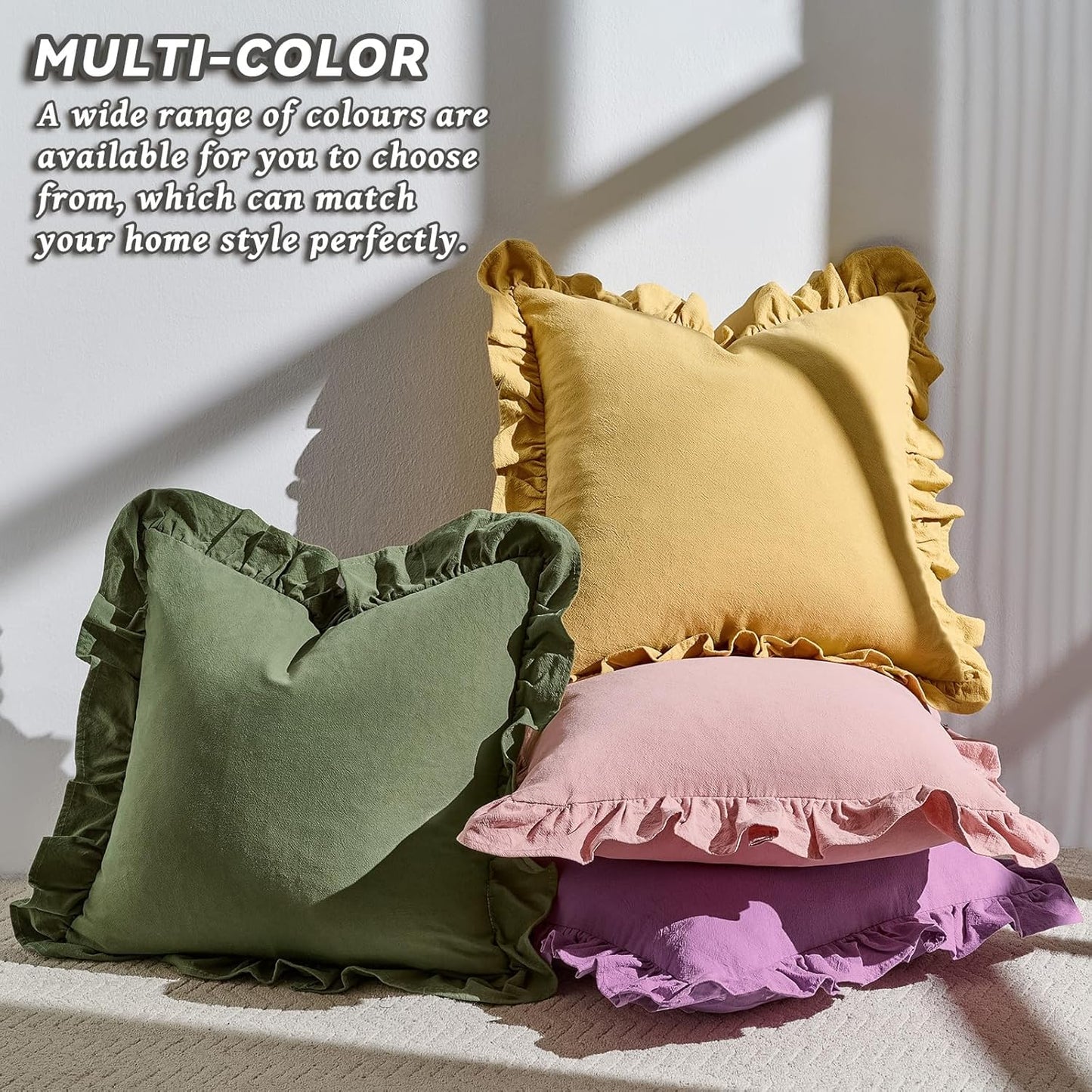 AmHoo Pack of 2 Throw Pillow Covers 100% Cotton Pre Washed Ruffle Decorative Pillowcase Cushion for Couch Sofa Bedroom 18 x 18-Inch Yarrow Yellow