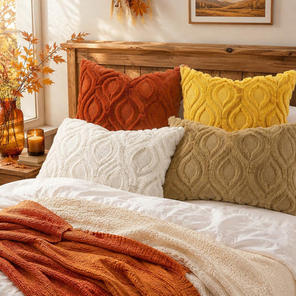 decorUhome Fall Throw Pillow Covers 18x18 Inch Set of 2, Soft Plush Faux Wool Mustard Yellow Solid Couch Pillow Covers, Accent Farmhouse Neutral Square Pillow Cases for Sofa Bed Living Room