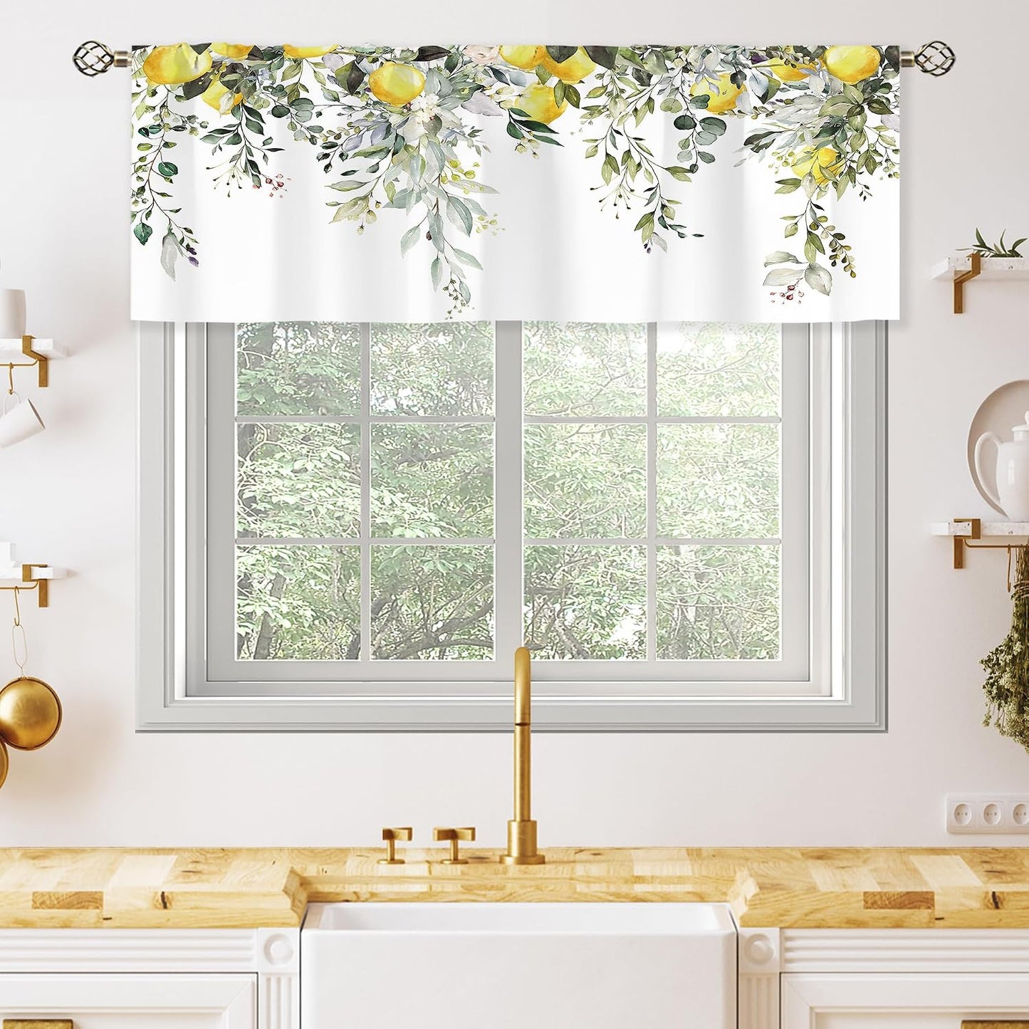 Sage Green Eucalyptus Lemon Botanical Leaves Valances Kitchen Curtains Flower Window Drapes Floral Plants Botanical Wildflower Bedroom Bathroom Living Room Treatment Tier 1 Panel 52Wx18H Inch