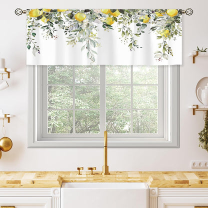 Sage Green Eucalyptus Lemon Botanical Leaves Valances Kitchen Curtains Flower Window Drapes Floral Plants Botanical Wildflower Bedroom Bathroom Living Room Treatment Tier 1 Panel 52Wx18H Inch
