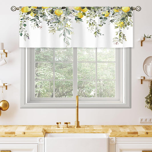 Sage Green Eucalyptus Lemon Botanical Leaves Valances Kitchen Curtains Flower Window Drapes Floral Plants Botanical Wildflower Bedroom Bathroom Living Room Treatment Tier 1 Panel 52Wx18H Inch