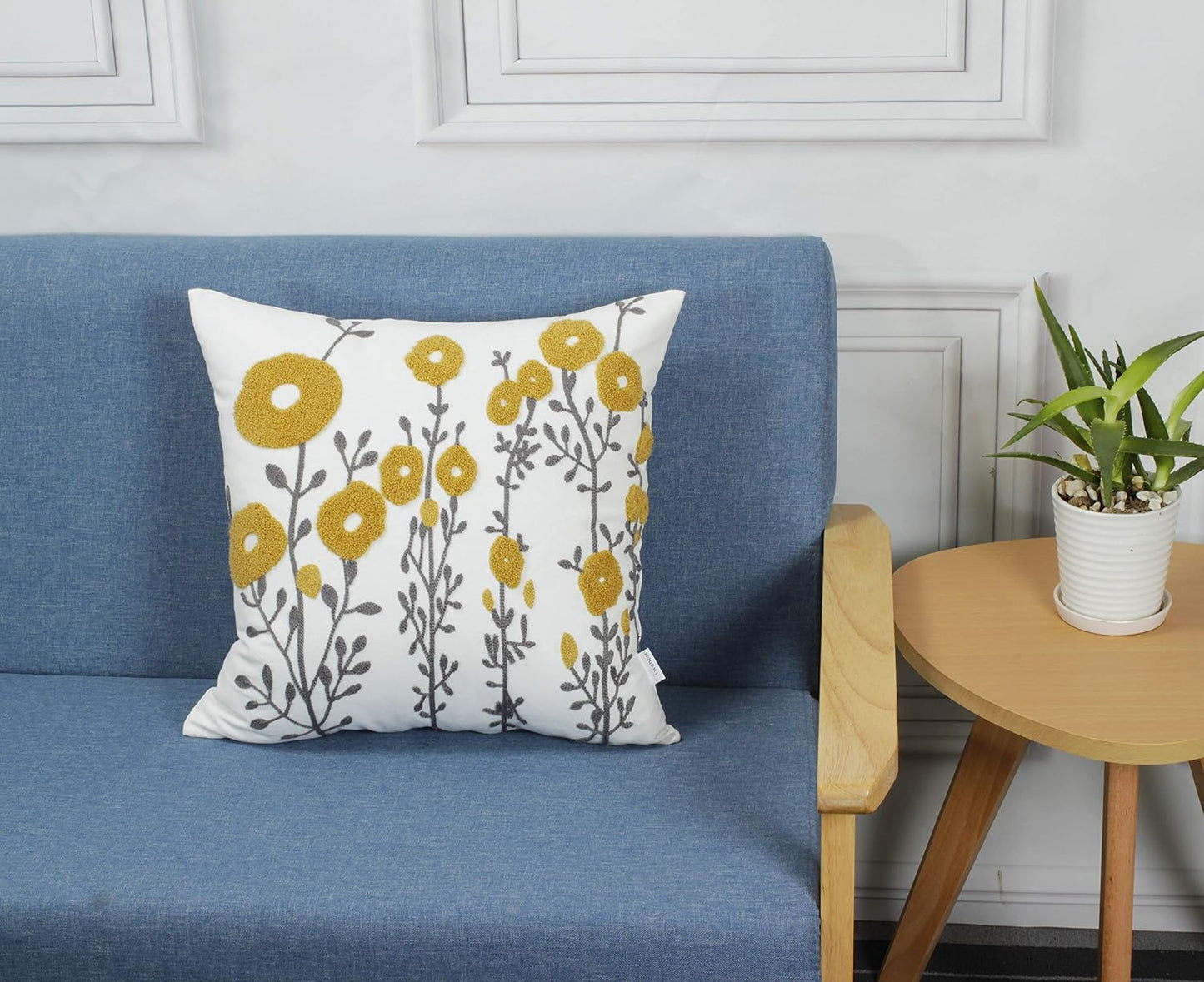 Mustard Yellow Flora Throw Pillow Covers Fall Decorative Pillowcase 18x18 Embroidered Cushion for Home Living Room Farmhouse Couch Sofa Picnic 2 Pcs