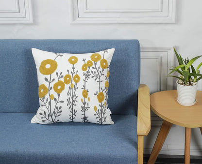 Mustard Yellow Flora Throw Pillow Covers Fall Decorative Pillowcase 18x18 Embroidered Cushion for Home Living Room Farmhouse Couch Sofa Picnic 2 Pcs