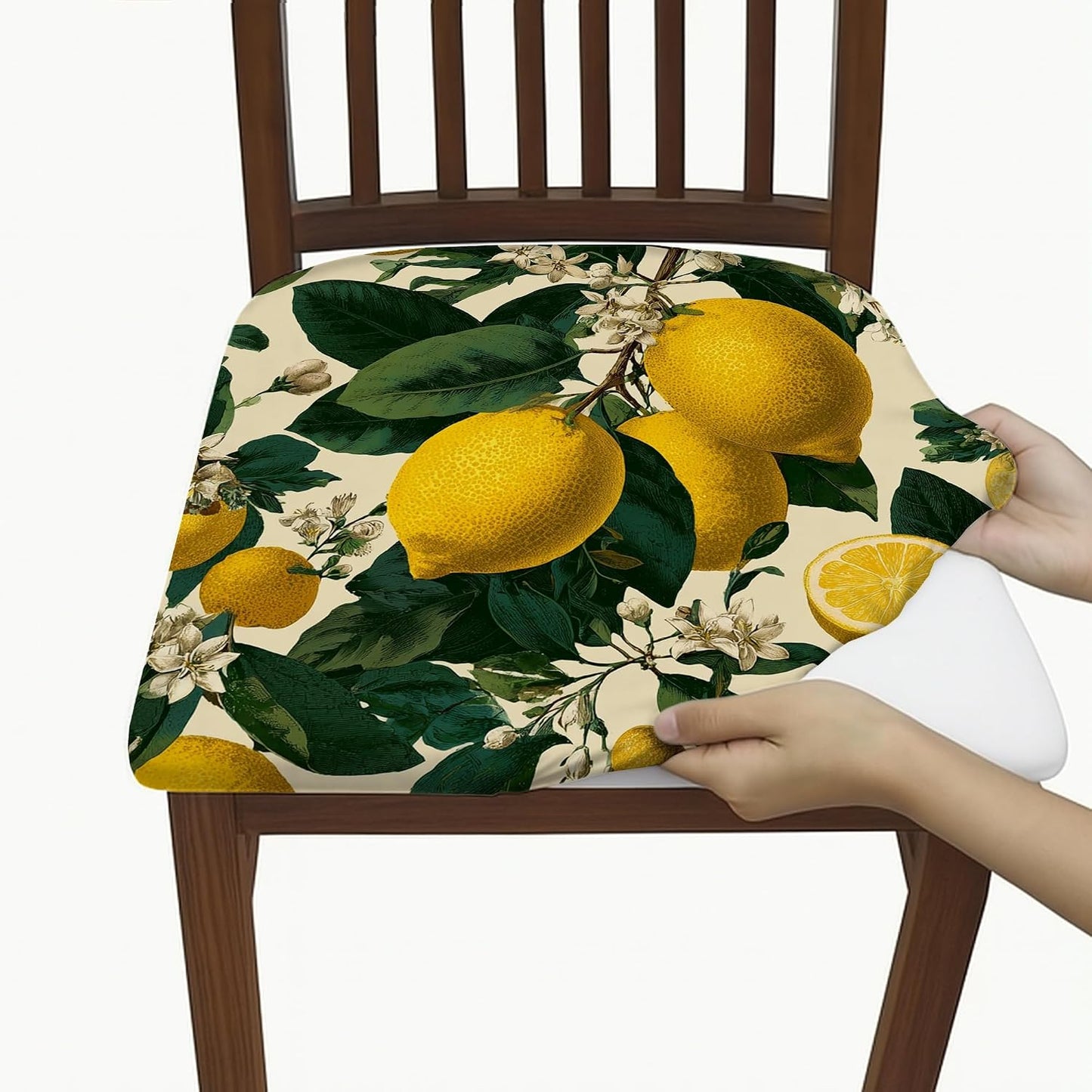 Lemon Floral Chair Seat Covers, Stretch Removable Spandex Cushion Covers, Stylish Decorative Slipcovers for Kitchen Dining Room Decor 4PCS