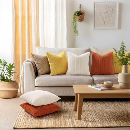 Mecatny Corduroy Summer Decorative Throw Pillow Covers 18x18 Set of 2 for Sofa Living Room, Soft Neutral Boho Couch Pillow Covers for Home Decor, Mustard Yellow