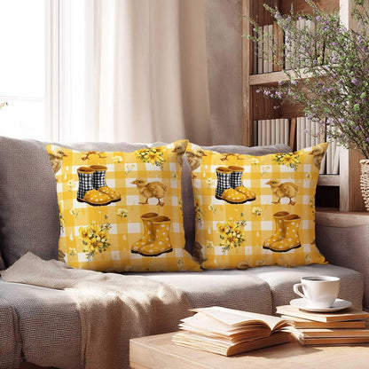 Duck Yellow Gingham Throw Pillow Covers 18x18 Inch, Set of 2 | Spring Farmhouse Square Cushion Cases for Couch Bedroom Nursery | Easter Farm Animal Home Decor, Decorative Pillowcases