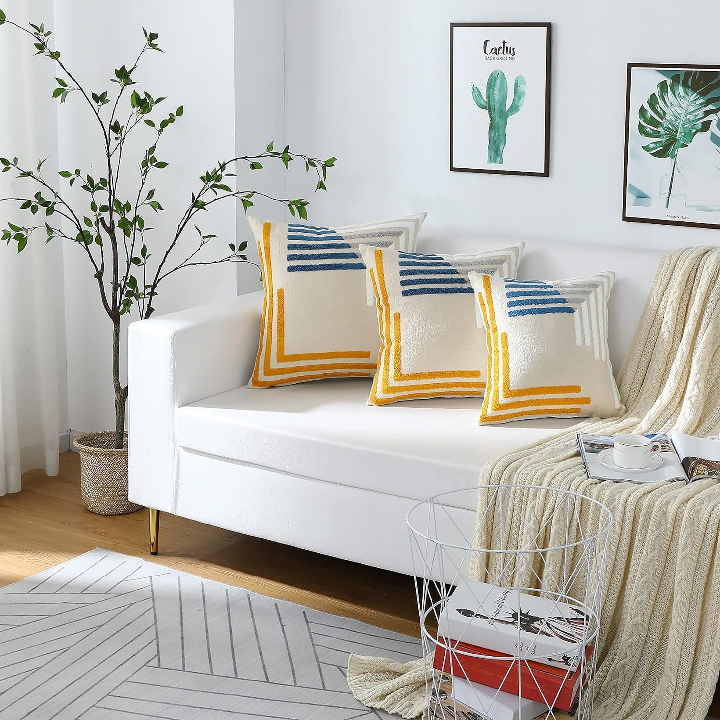 Modern Geometric Embroidered Throw Pillow Covers 18x18 Set of 2 Textured Tufted Patterned Cotton Boho Pillow Covers Spring Decorative for Couch Bed Living Room Outdoor Yellow and Blue