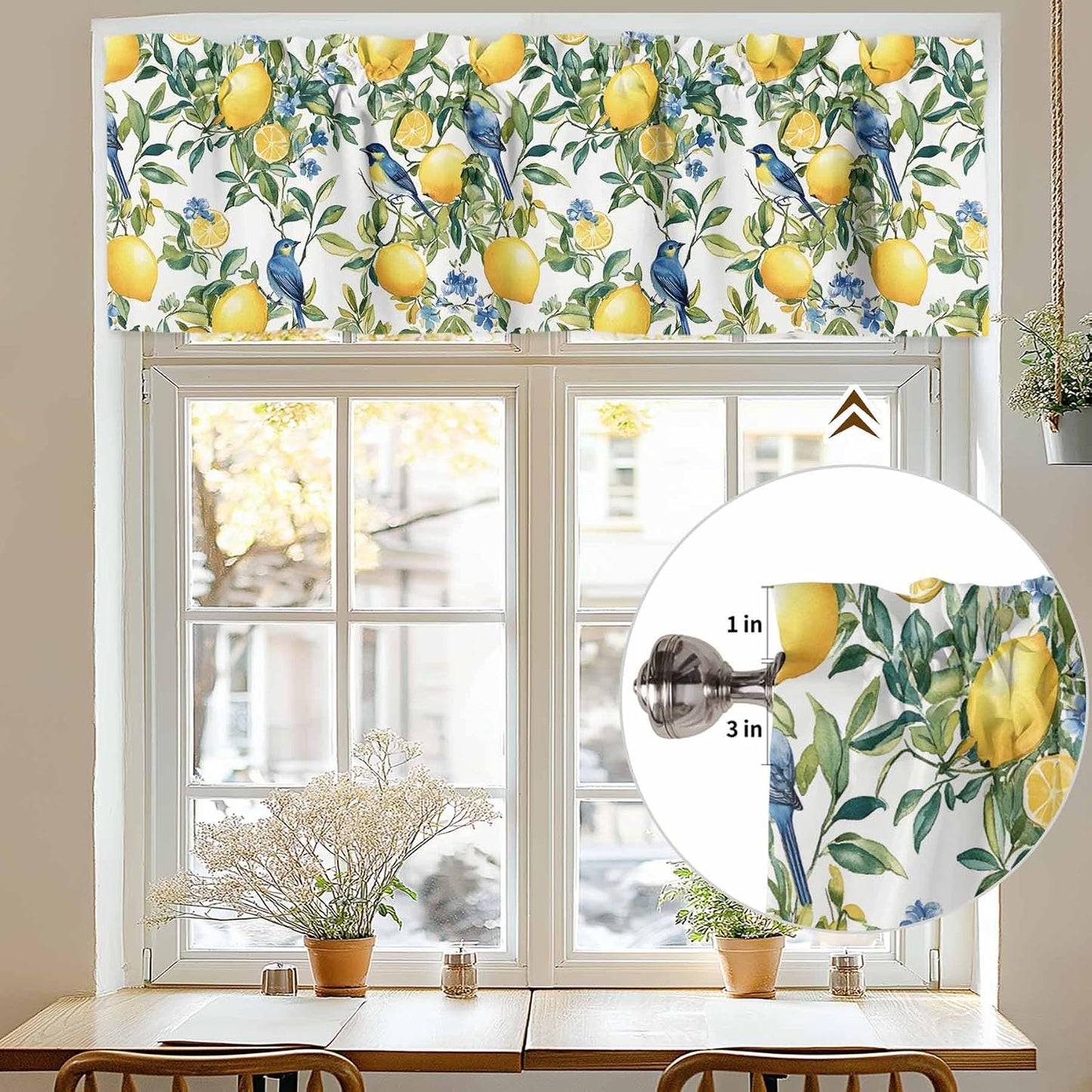 Chinoiserie Tropical Valances for Windows Yellow Lemon Blue Bird Pattern Kitchen Valance Curtains for Living Room/Bathroom Windows，Rod Pocket Cafe Curtain,1 Panel, 42" x12