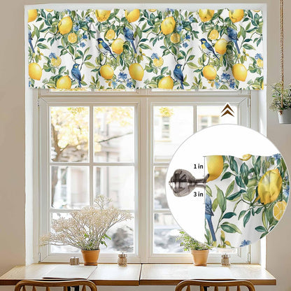 Chinoiserie Tropical Valances for Windows Yellow Lemon Blue Bird Pattern Kitchen Valance Curtains for Living Room/Bathroom Windows，Rod Pocket Cafe Curtain,1 Panel, 42" x12