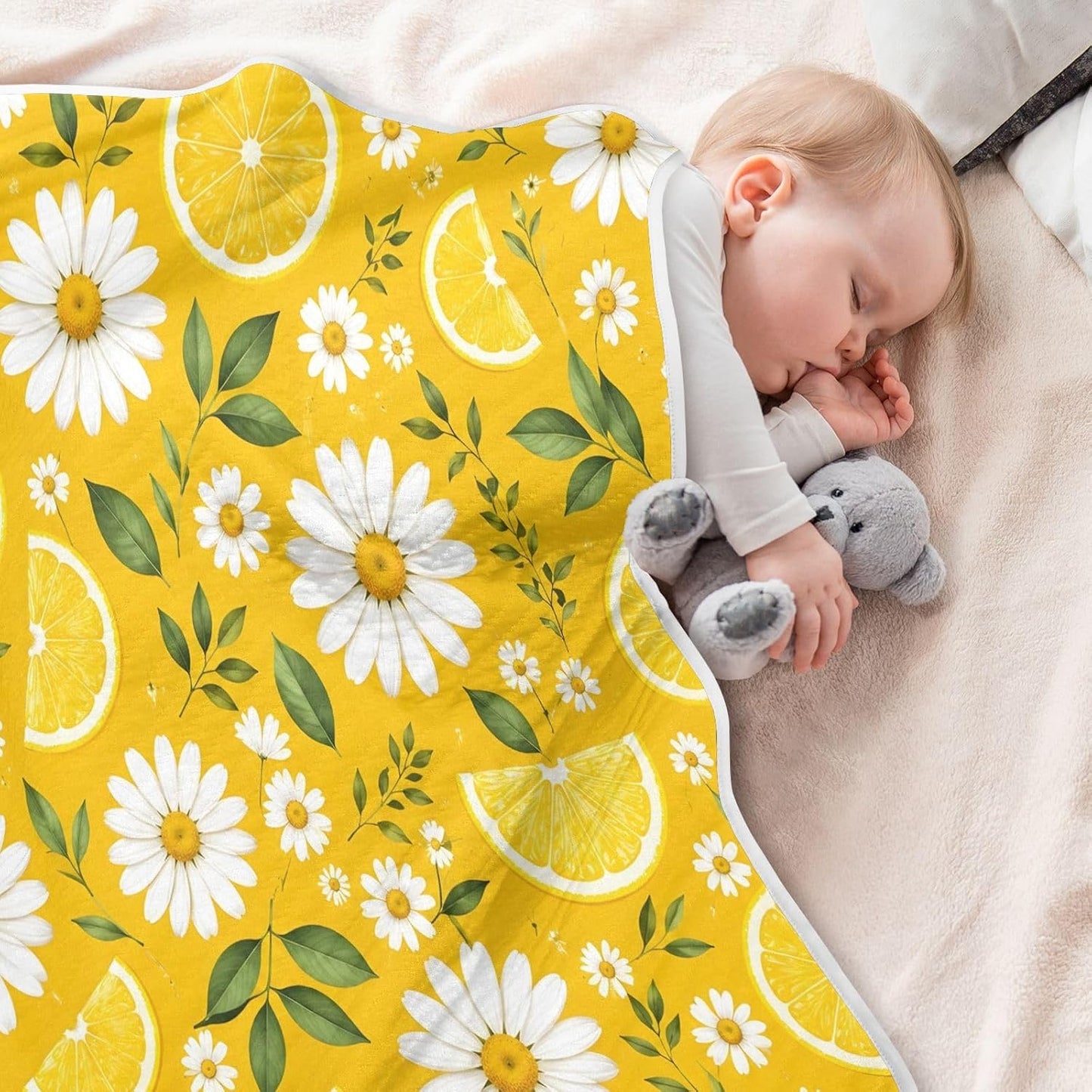 Yellow Lemon Daisy Print Baby Blanket 30"x40", Soft Cotton Toddler Blankets for Girls Boys with Warm Middle Layer, Lightweight Receiving Blanket for Newborn Crib Stroller
