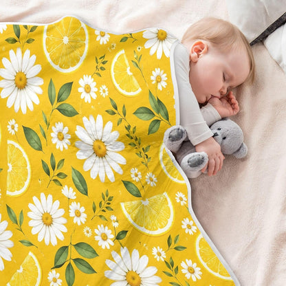 Yellow Lemon Daisy Print Baby Blanket 30"x40", Soft Cotton Toddler Blankets for Girls Boys with Warm Middle Layer, Lightweight Receiving Blanket for Newborn Crib Stroller