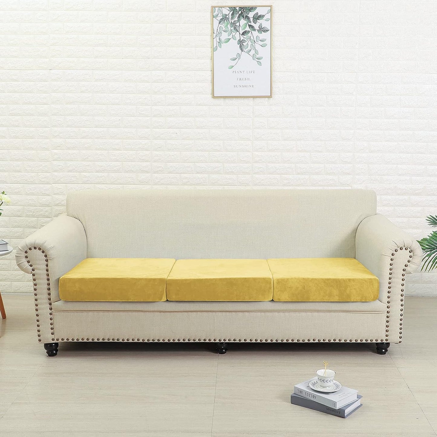Jonuiony Wear-Resistant Universal Sofa Cover, Stretch Velvet Separate Couch Cushion Slipcovers, L Shape Sofa Chaise Covers for Both Left/Right Sectional Couch Protector(Lemon Yellow,Single Seat)