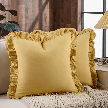AmHoo Pack of 2 Throw Pillow Covers 100% Cotton Pre Washed Ruffle Decorative Pillowcase Cushion for Couch Sofa Bedroom 18 x 18-Inch Yarrow Yellow