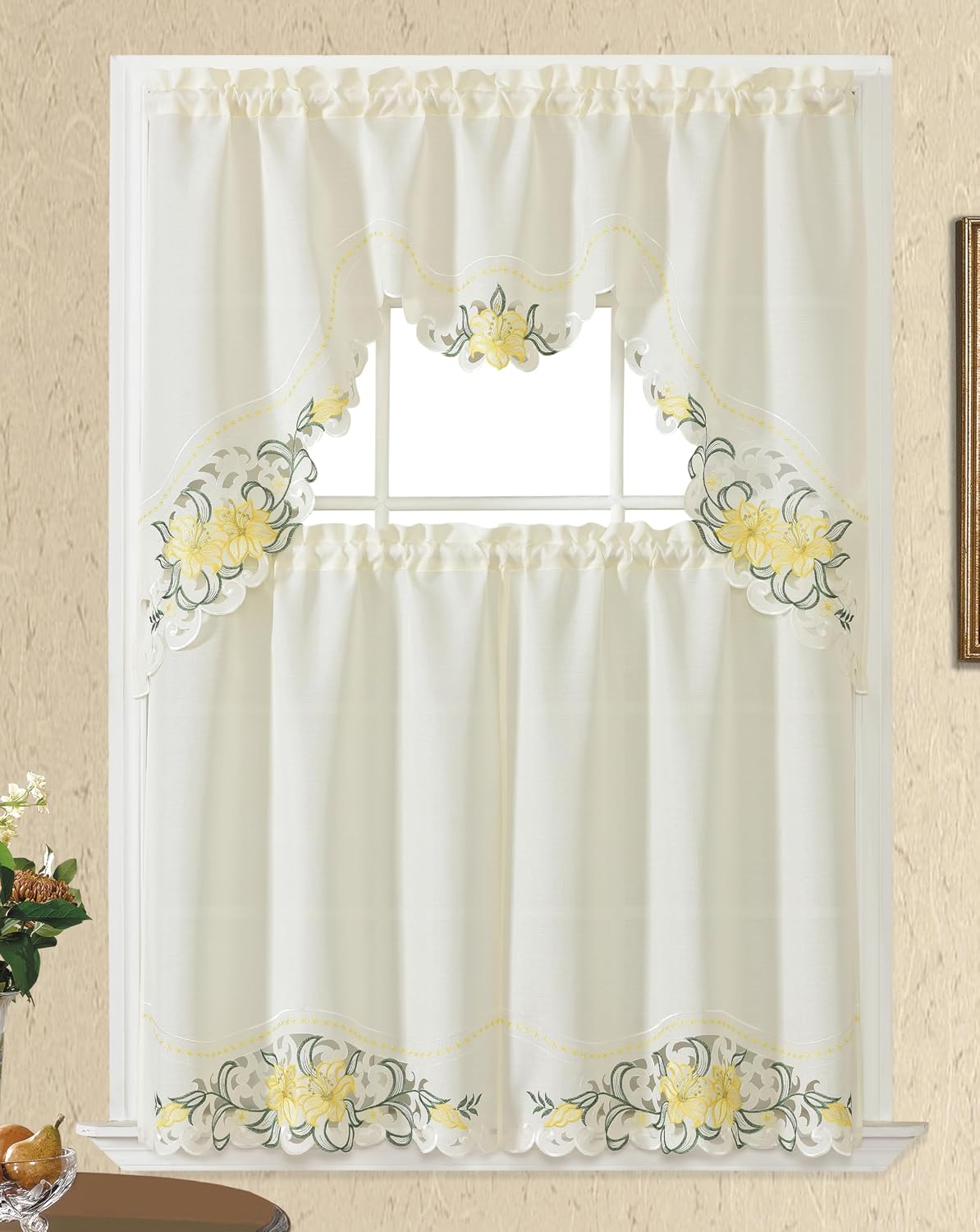 GOHD - Lily Fragrance. 3pcs Multi-Color Embroidery Curtain/Cafe Curtain/Swag & Tiers Set with cutworks. (Yellow)