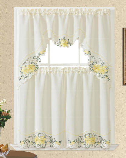 GOHD - Lily Fragrance. 3pcs Multi-Color Embroidery Curtain/Cafe Curtain/Swag & Tiers Set with cutworks. (Yellow)