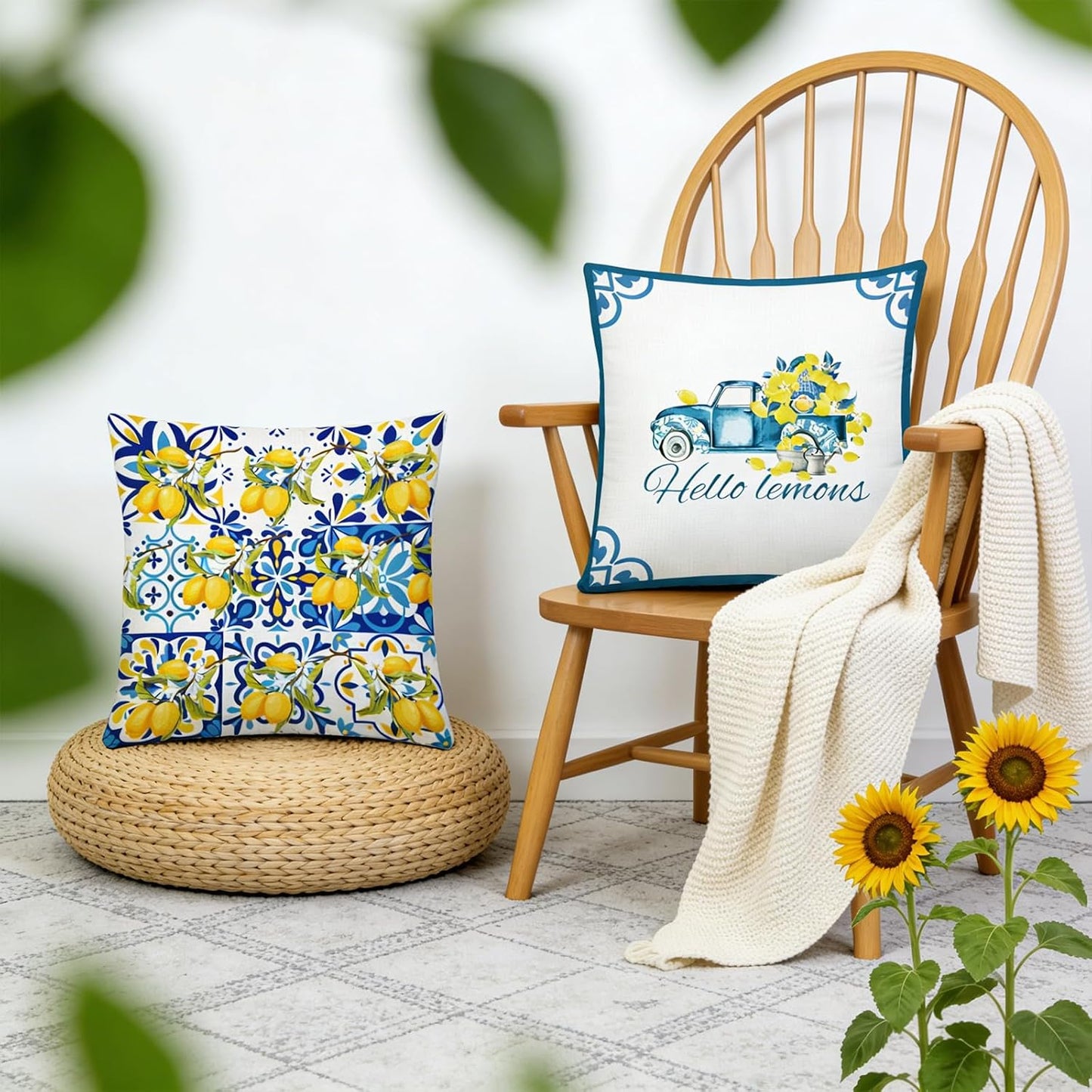 Italian Lemon Pillow Covers Set of 4, 18x18 Inch Blue Lemon Floral Throw Pillow Covers, Polyester Summer Fruit Cushion Case Decorations for Holiday Farmhouse Home Sofa Couch Gifts