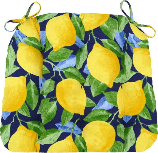 Barnett Home Decor Indoor Outdoor Dining Chair Cushions - Lemons Blue Mediterranean Size Small Patio Chair Cushions 15 x 17 - Fade Resistant Weather Resistant - Latex Foam Fill Pad