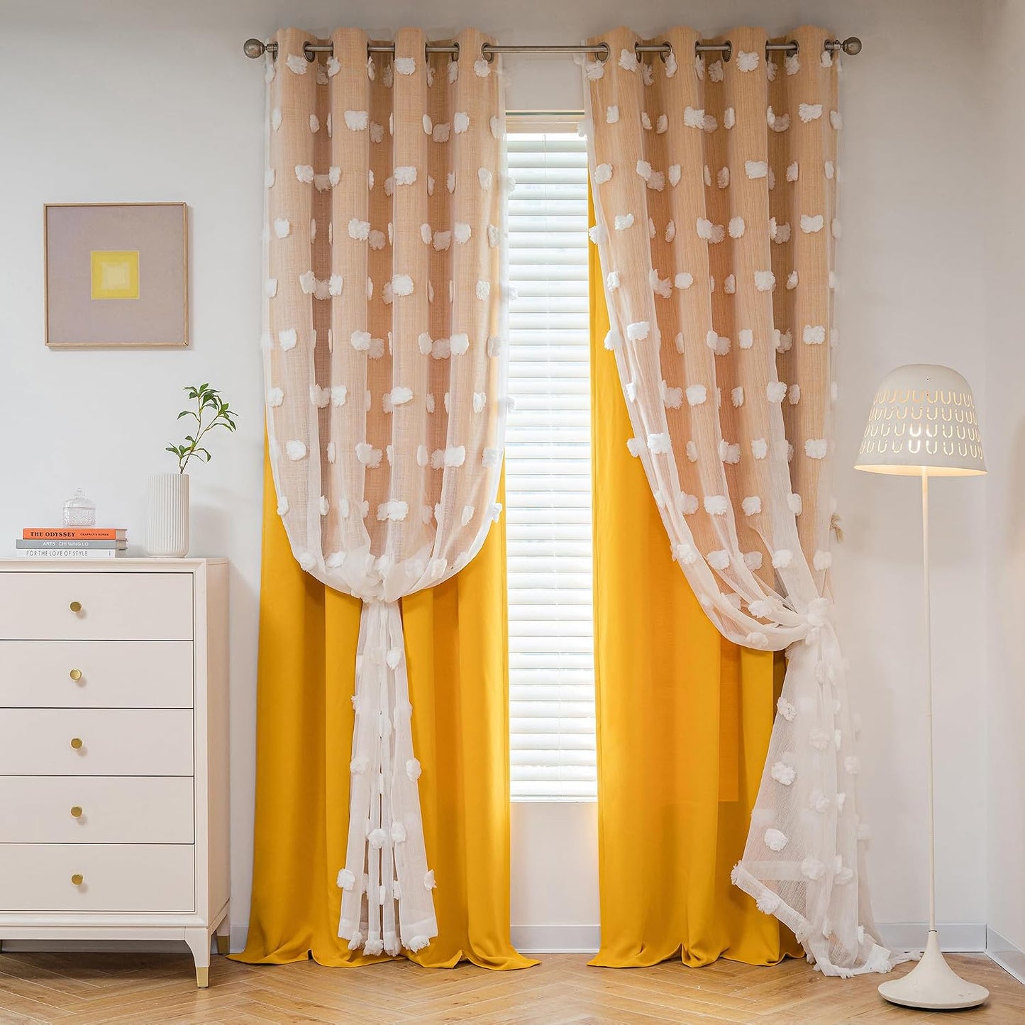 MYSKY HOME Yellow Curtains for Living Room Nursery Curtains 84 Inch Long Double Layer Curtains for Kids Room White Pom Pom Sheer Blackout Grommet Room Darkening Window Curtains 2 Panels Set 52" x 84"