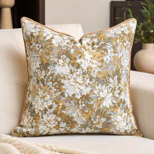 Alerfa Yellow Neutral Floral Pillow Cover 18 x 18 Inch, Vintage Chenille Square Couch Pillow Cover Soft Decorative Farmhouse Accent Pillowcase for Living Room Bedroom