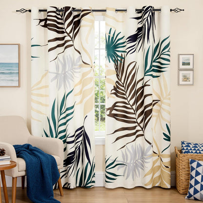 SUBRTEX Boho Leaf Printed Curtains 84 inch Long 2 Panels, Room Darkening Vibrant Floral Drapes, 50% Blackout Light Flitering, Semi Sheer Farmhouse Curtains for Living Room, 52Wx84L, Yellow Leaf