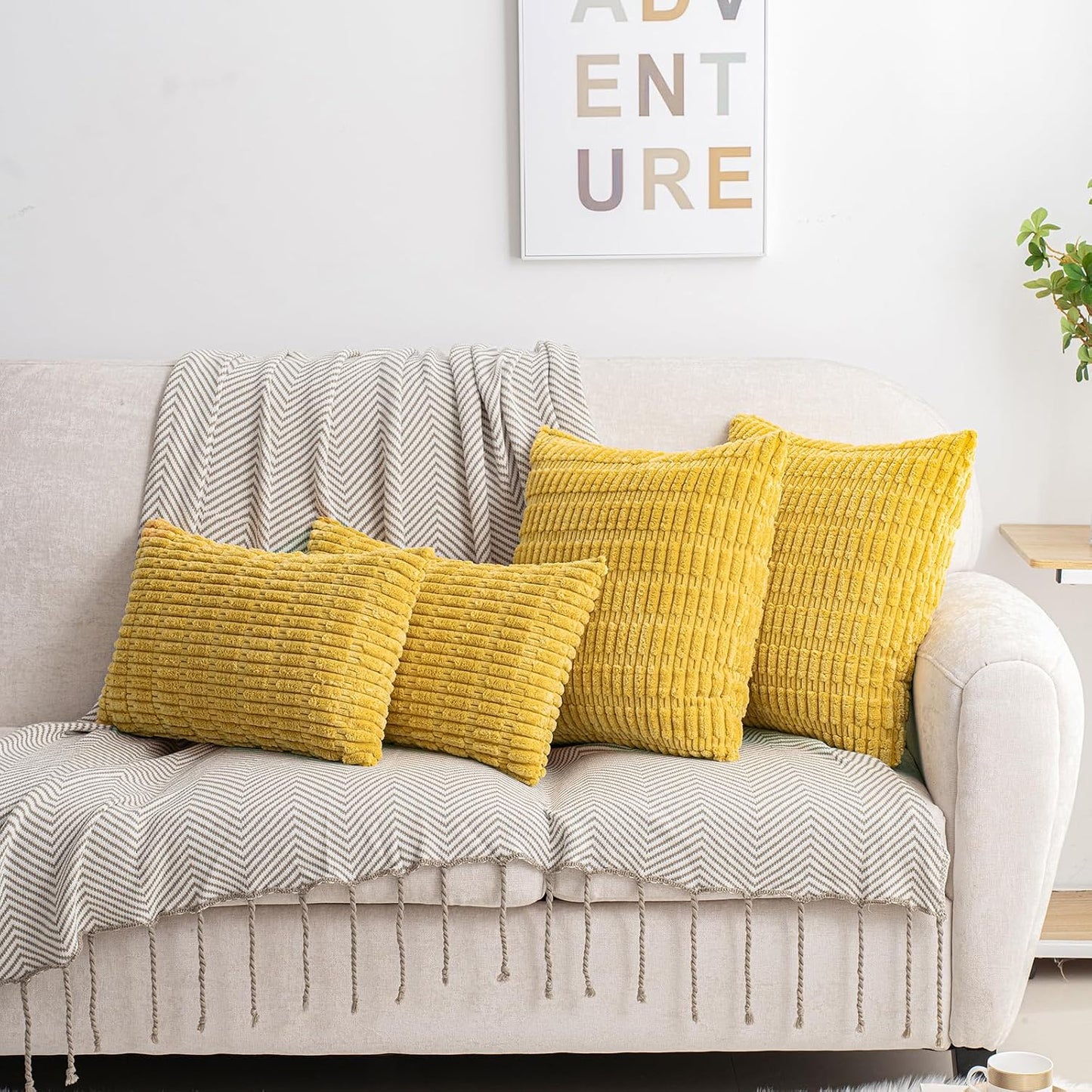 HWY 50 Mustard Yellow Corduroy Decorative Throw Pillow Covers 12x20 Inch Rectangle, Pack of 2, Soft Striped Farmhouse Boho Cushion Cases for Couch Sofa Bed Living Room