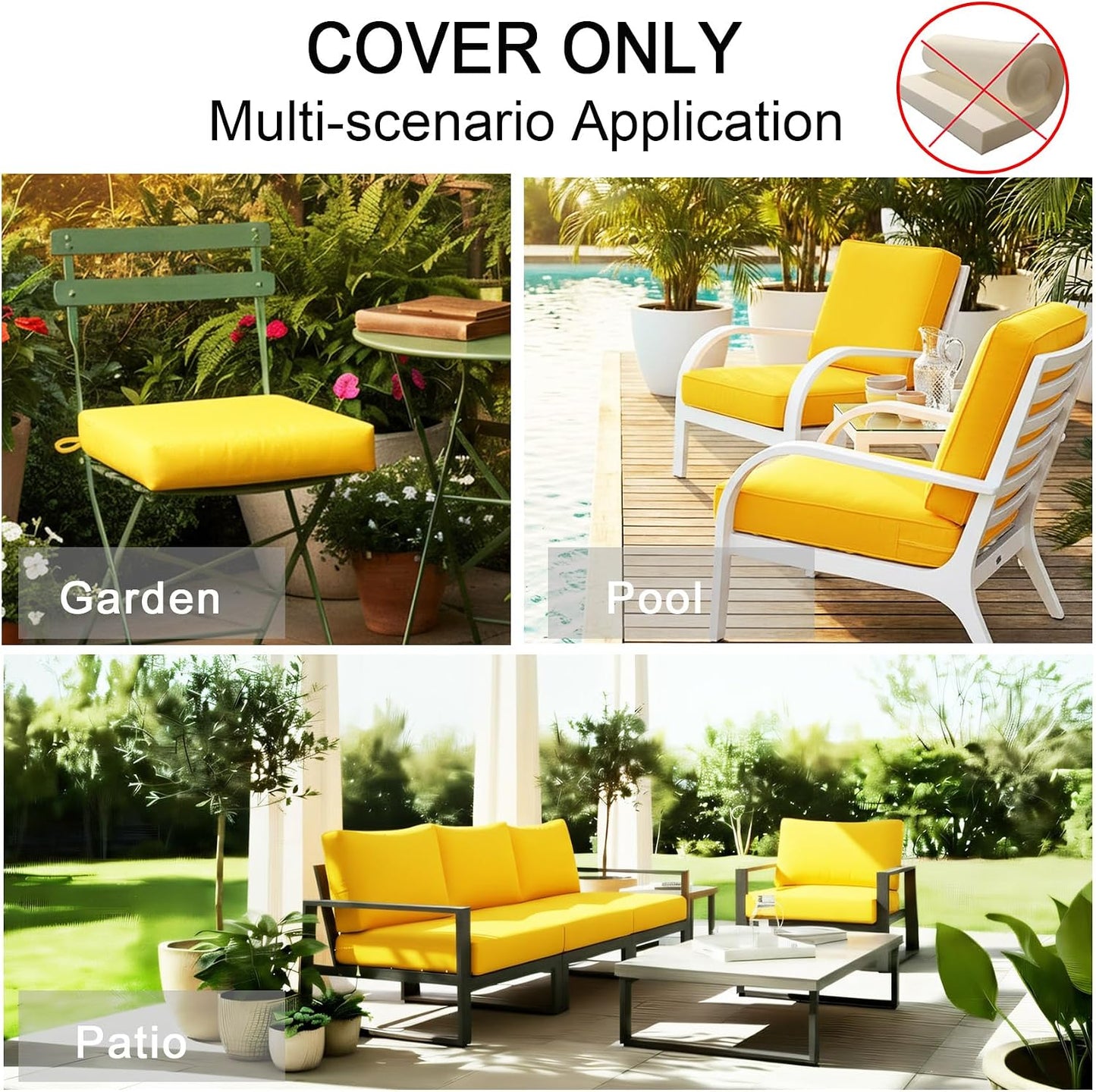 NettyPro Patio Chair Seat Cushion Covers Set 4, Waterproof Outdoor Furniture Cushion Slipcovers with Zipper and Tie, 22 x 20 x 4 Inch, Replacement Cover Only, Yellow