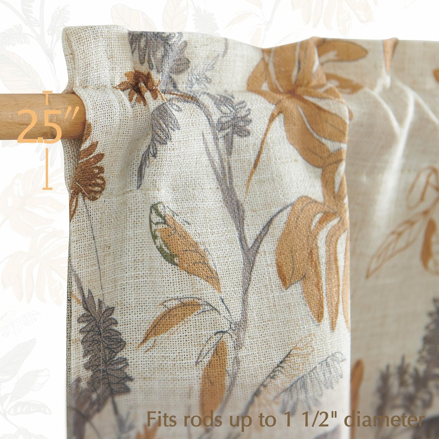 jinchan Linen Valance Double Layer Kitchen Window Curtain Yellow Leaf on Beige Valance for Living Room Cafe Farmhouse Light Filtering Rustic French Country Curtain 16 Inch Rod Pocket 1 Panel