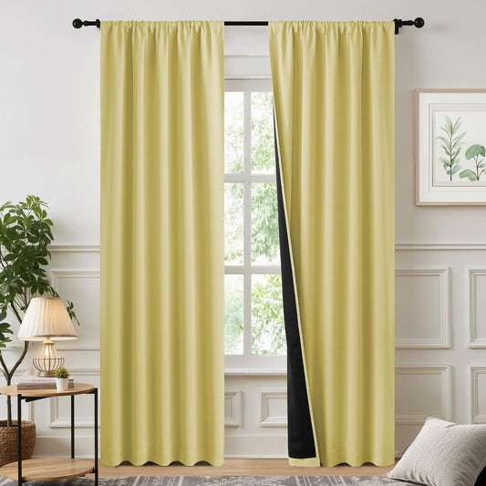 NICETOWN 100% Blackout Curtains for Patio Sliding Glass Door, Paler Yellow W52 x L84 Set of 2 Light Blocking & Soundproof Drapes,Rod Pocket Black Lined Window Treatment Panels