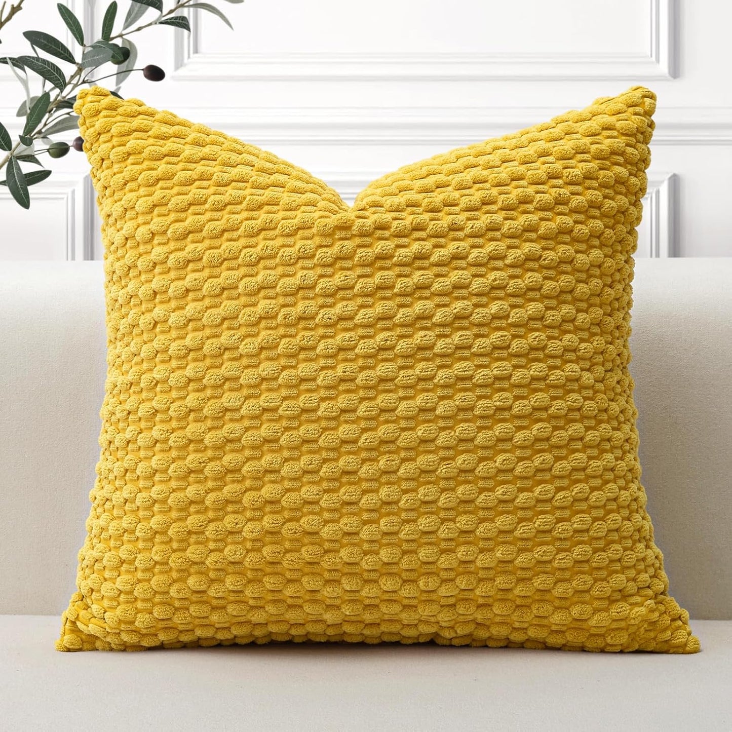 OTOSTAR Pom Poms Decorative Corduroy Throw Pillow Covers 22x22 Inch Super Soft Boho Striped Square Cushion Covers Case Geometric for Sofa Couch Bedroom Car Decor Set of 1, Yellow