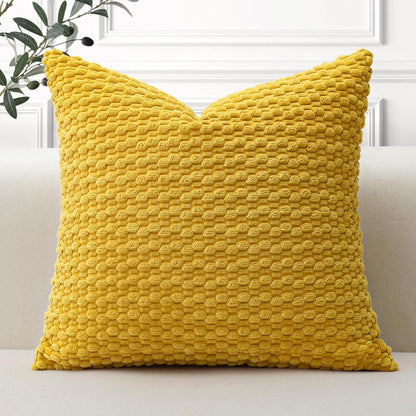 OTOSTAR Pom Poms Decorative Corduroy Throw Pillow Covers 22x22 Inch Super Soft Boho Striped Square Cushion Covers Case Geometric for Sofa Couch Bedroom Car Decor Set of 1, Yellow