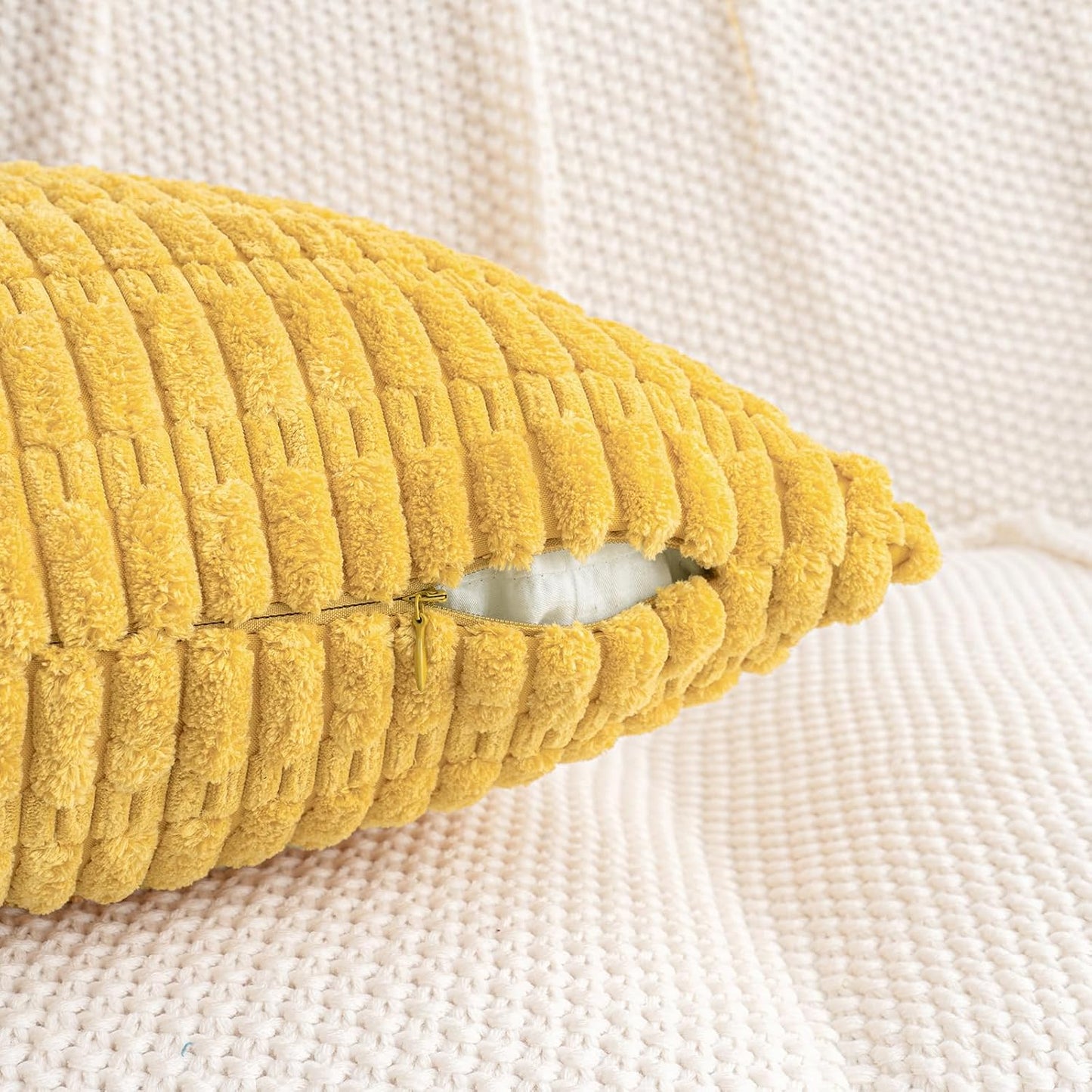 HWY 50 Mustard Yellow Corduroy Decorative Throw Pillow Covers 12x20 Inch Rectangle, Pack of 2, Soft Striped Farmhouse Boho Cushion Cases for Couch Sofa Bed Living Room