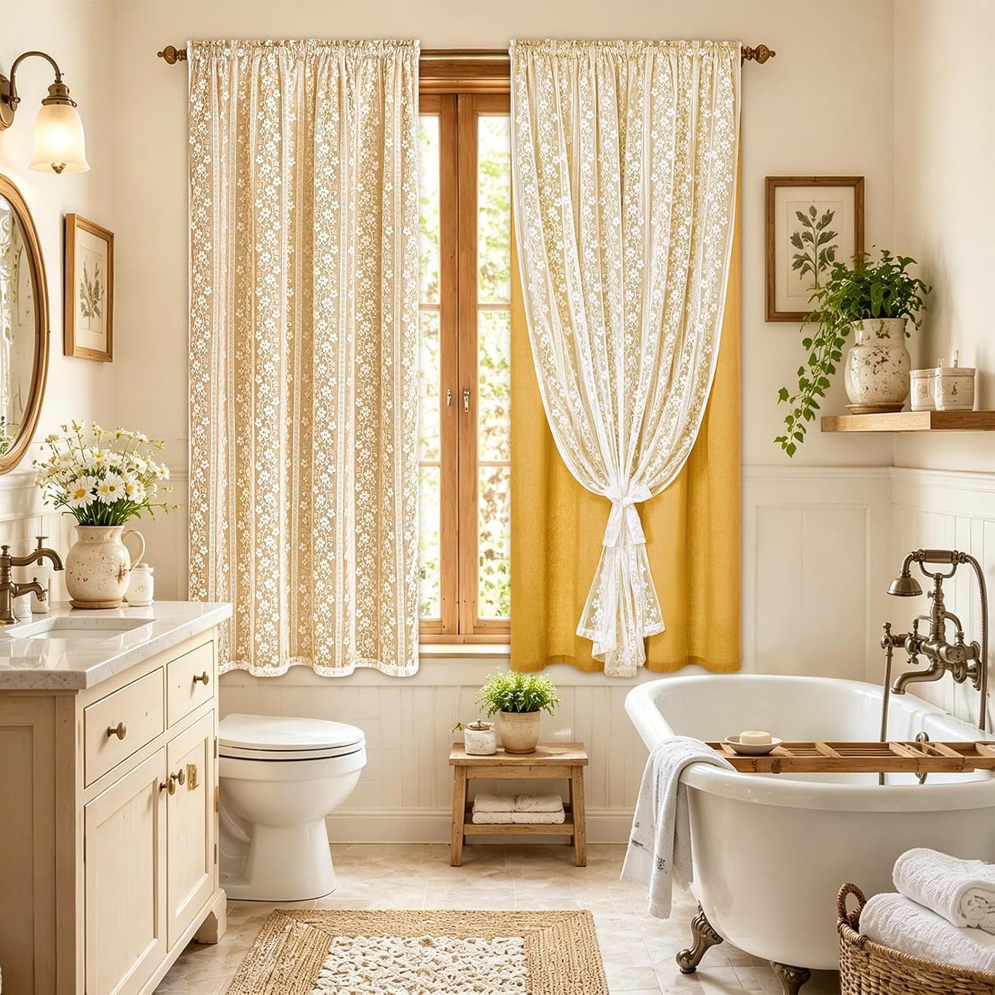 ASPMIZ Linen Curtains for Living Room Double Layer Curtains with Linen Lace, Mustard Yellow Bedroom Curtain Light Filtering, Rod Pocket Drapes 63 Inch Length 2 Panels Set with 2 Tiebacks, 52x63