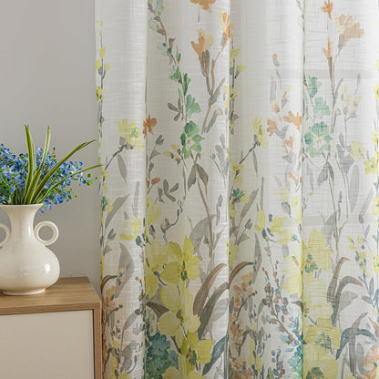 SUOUO Grey and Yellow Floral Sheer Curtains Linen Textured for Living Room 96 inches Long Rod Pocket Print Wildflower Window Drapes for Bedroom 2 Panels